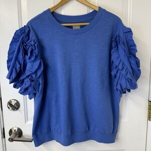 Maeve by Anthropologie Ruffle Sleeve Knit Slub Top Blue Women's Size X-Large